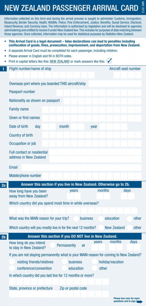 Passenger Arrival Card New Zealand Customs Service