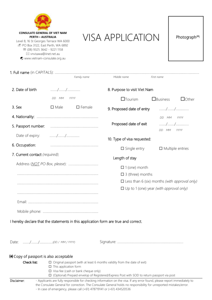 Perth Western Australia Australia Vietnam Visa Application Form 