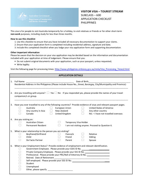 Philippines Australia Visitor Visa Application Form Embassy Of 