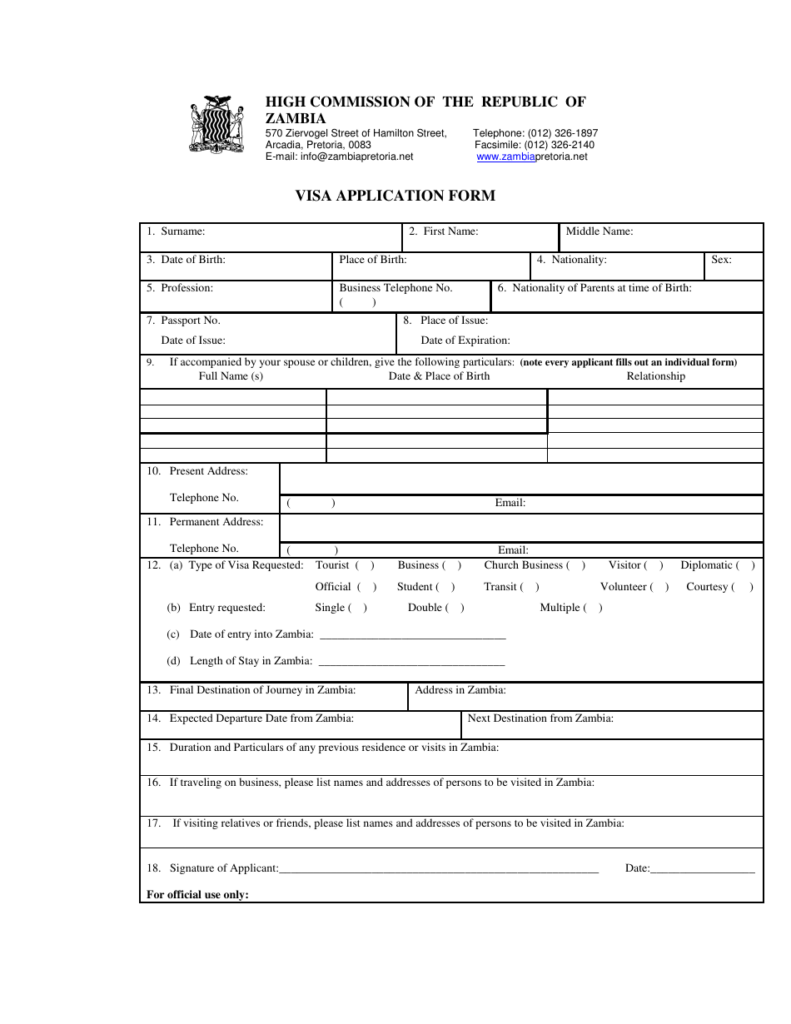Pretoria Gauteng South Africa Zambia Visa Application Form High 
