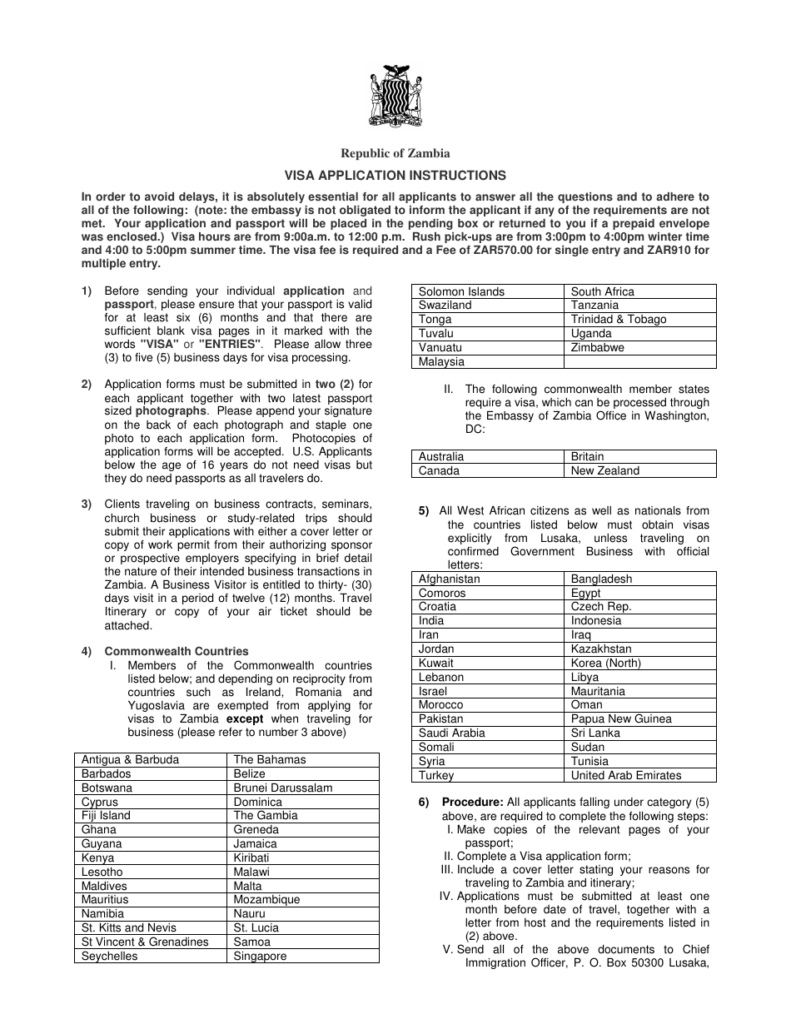 Pretoria Gauteng South Africa Zambia Visa Application Form High 