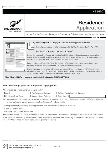 Residence Application INZ 1000 Immigration New Zealand