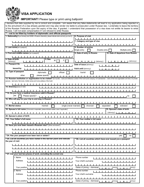 Russian Visa Application Form Fillable Printable Forms Free Online