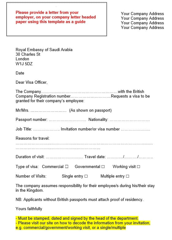 Saudi Arabia Visa Application Employer Support Letter Template