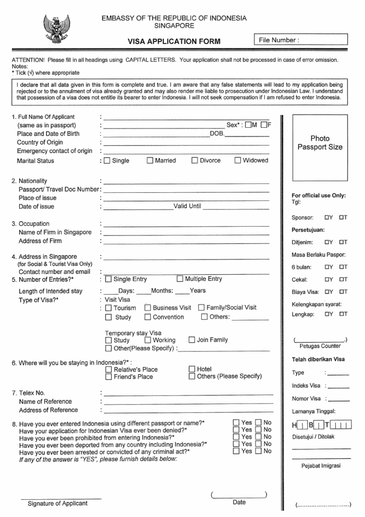 Singapore Indonesian Visa Application Form Embassy Of The Republic Of 