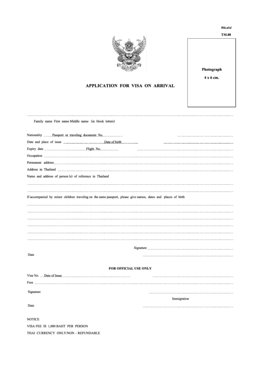 Thailand Application For Visa On Arrival Printable Pdf Download