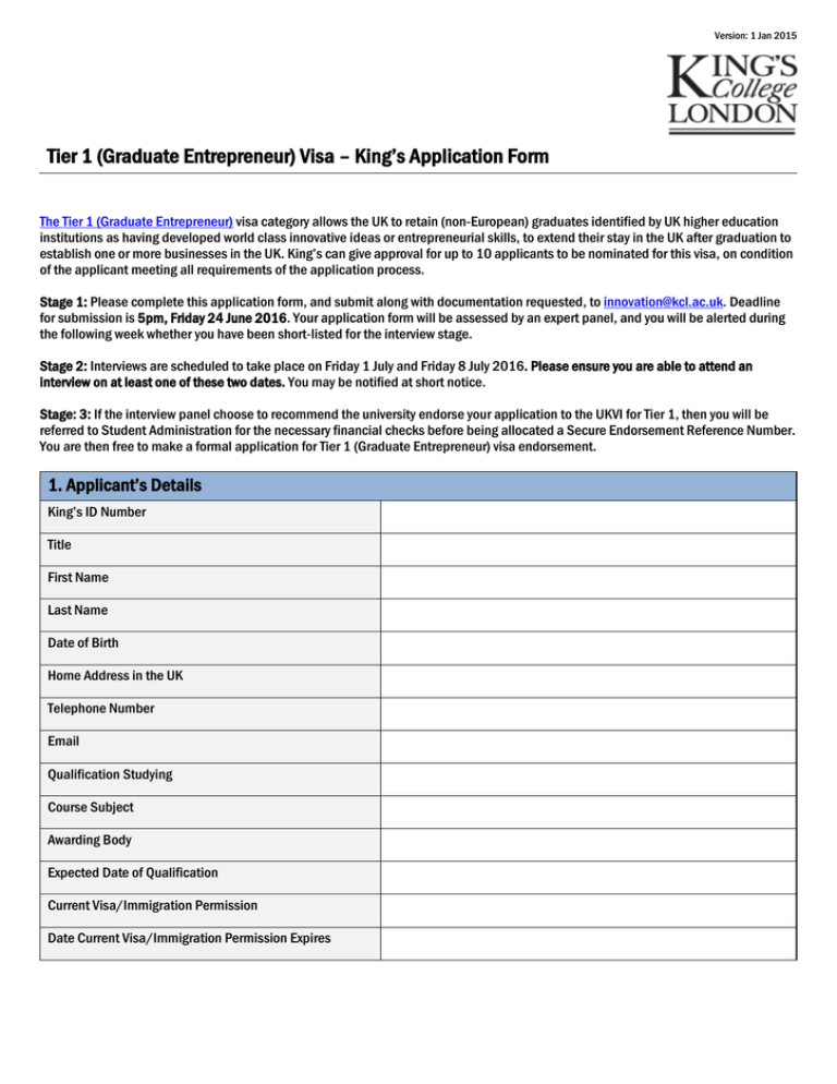 Tier 1 Graduate Entrepreneur Visa King s Application Form