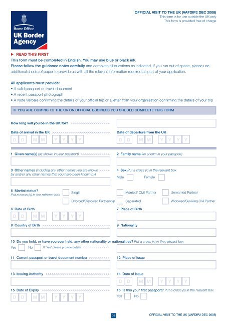 VAFDIP2 Application Form Official Visit To The UK UK Border Agency