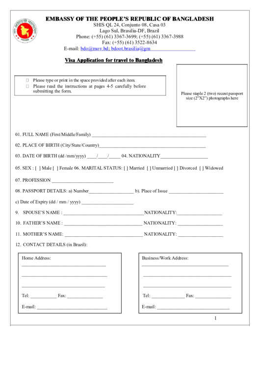 Visa Application For Travel To Bangladesh Printable Pdf Download