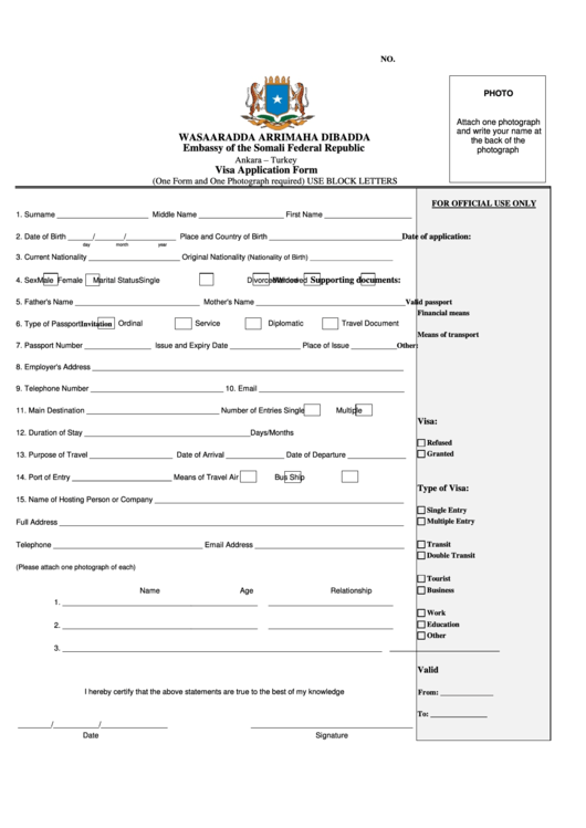 Visa Application Form Embassy Of The Somali Federal Republic