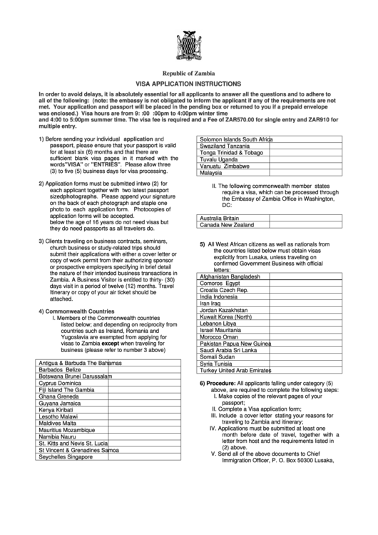 Visa Application Form High Commission Of The Republic Of Zambia 