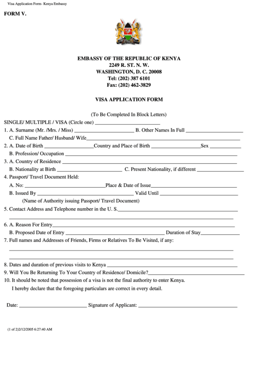 Visa Application Form Kenya Embassy Printable Pdf Download 