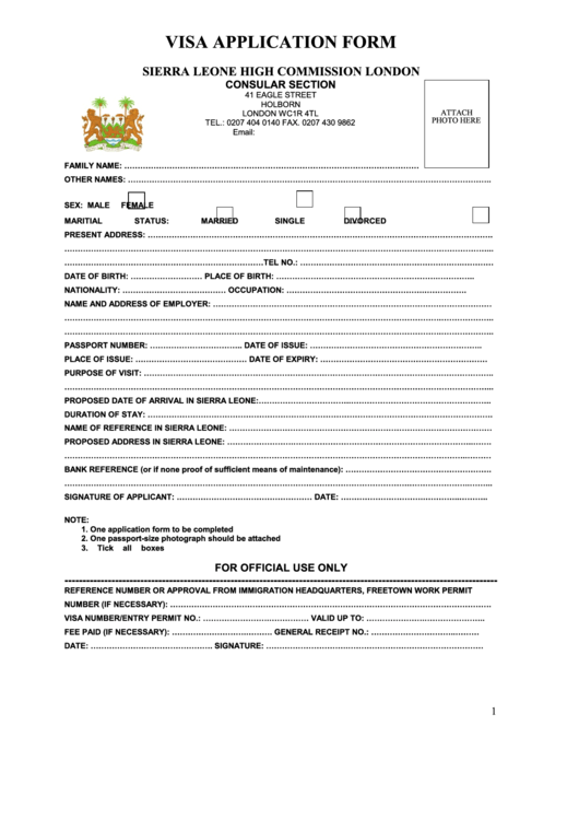 Visa Application Form Sierra Leone High Commission London Printable 