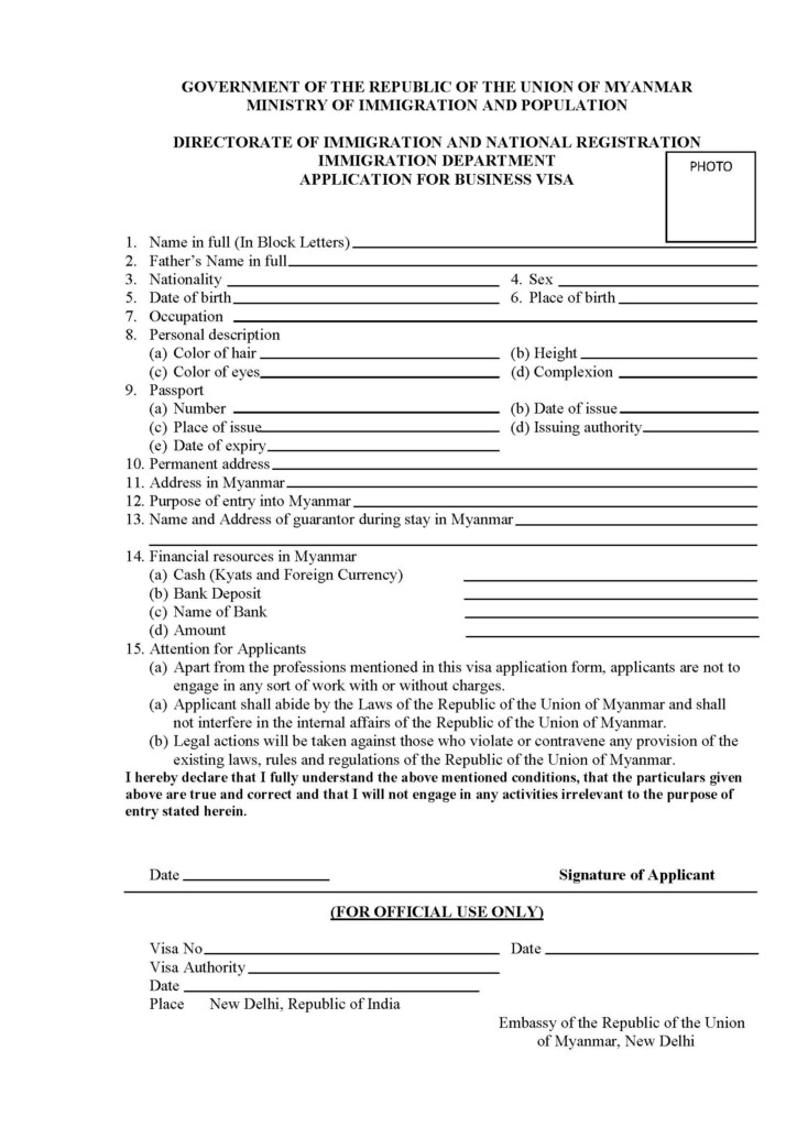 Visa Section EMBASSY OF THE REPUBLIC OF THE UNION OF MYANMAR