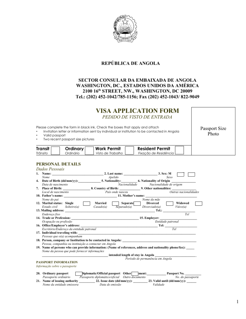 Washington D C Angolan Visa Application Form Embassy Of Republic Of 