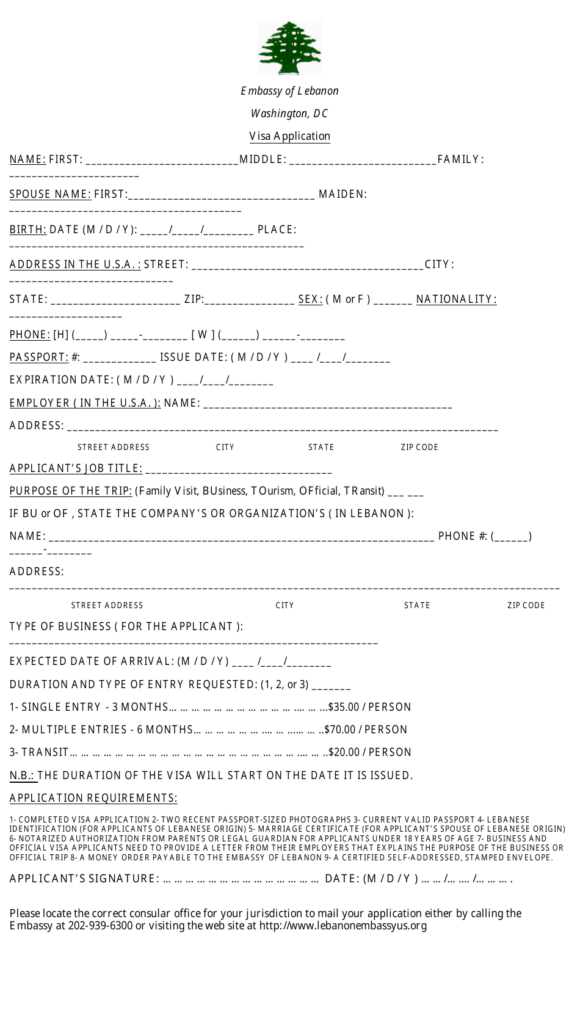 Washington D C Lebanon Visa Application Form Embassy Of Lebanon 