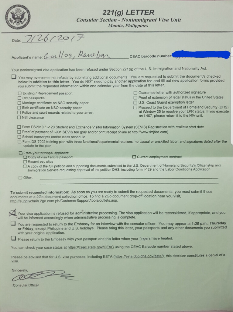 What Is 221g Letter For Us Visa