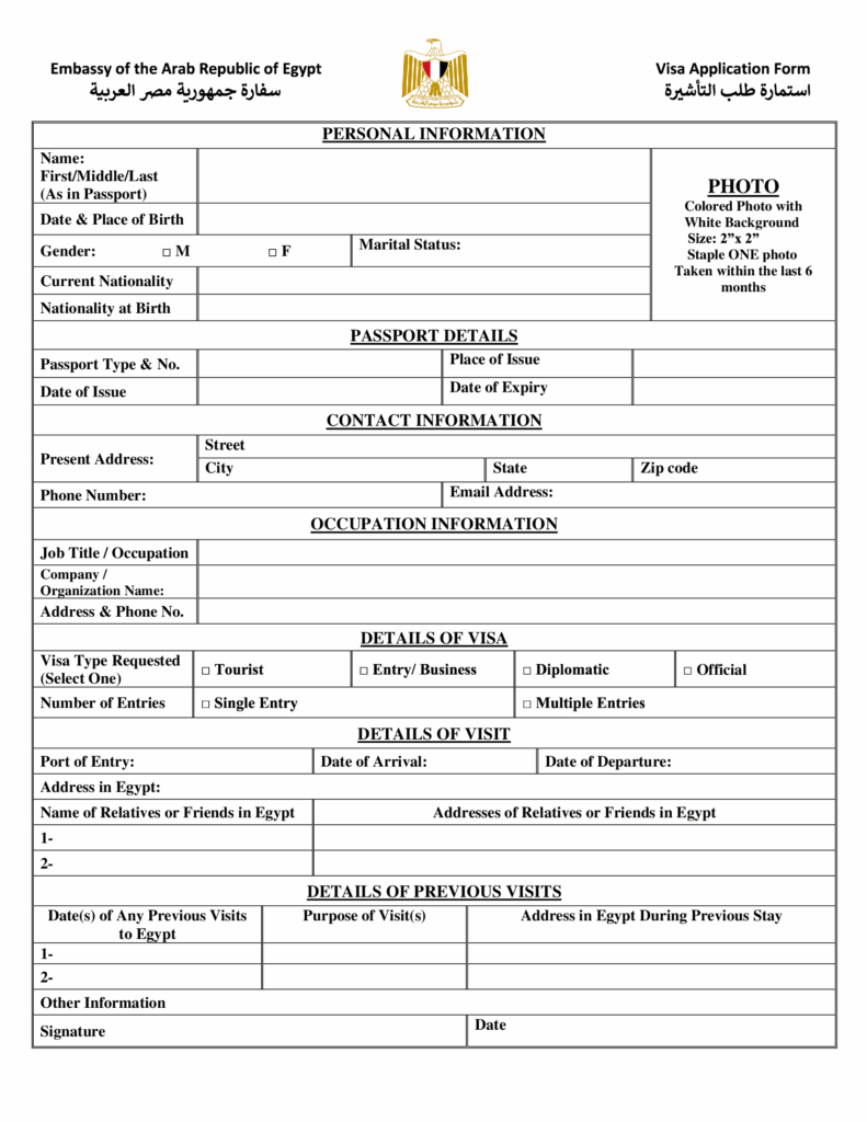 Egypt Visa Application Form Forms Docs 2023