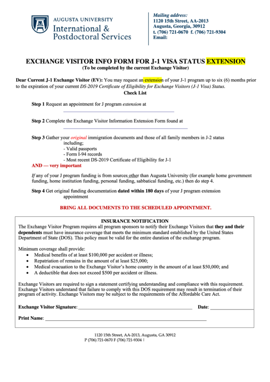 Fillable Exchange Visitor Info Form For J1 Visa Status Extension 