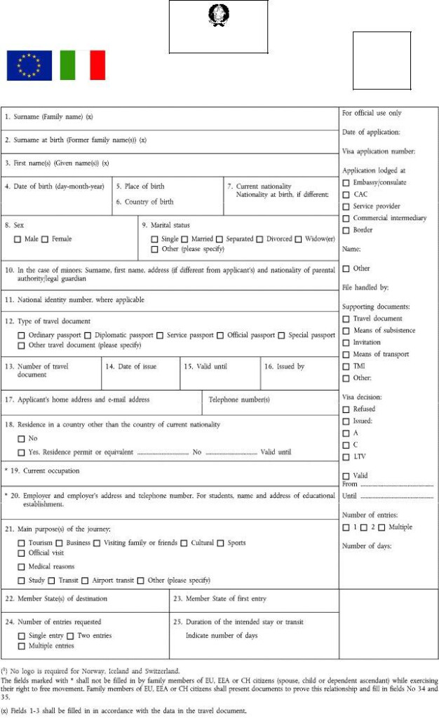 Fillable Italian Visa Application Form Printable Forms Free Online