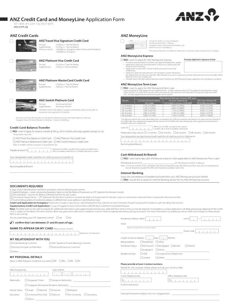 Fillable Online ANZ Credit Card And MoneyLine Application Form Fax 