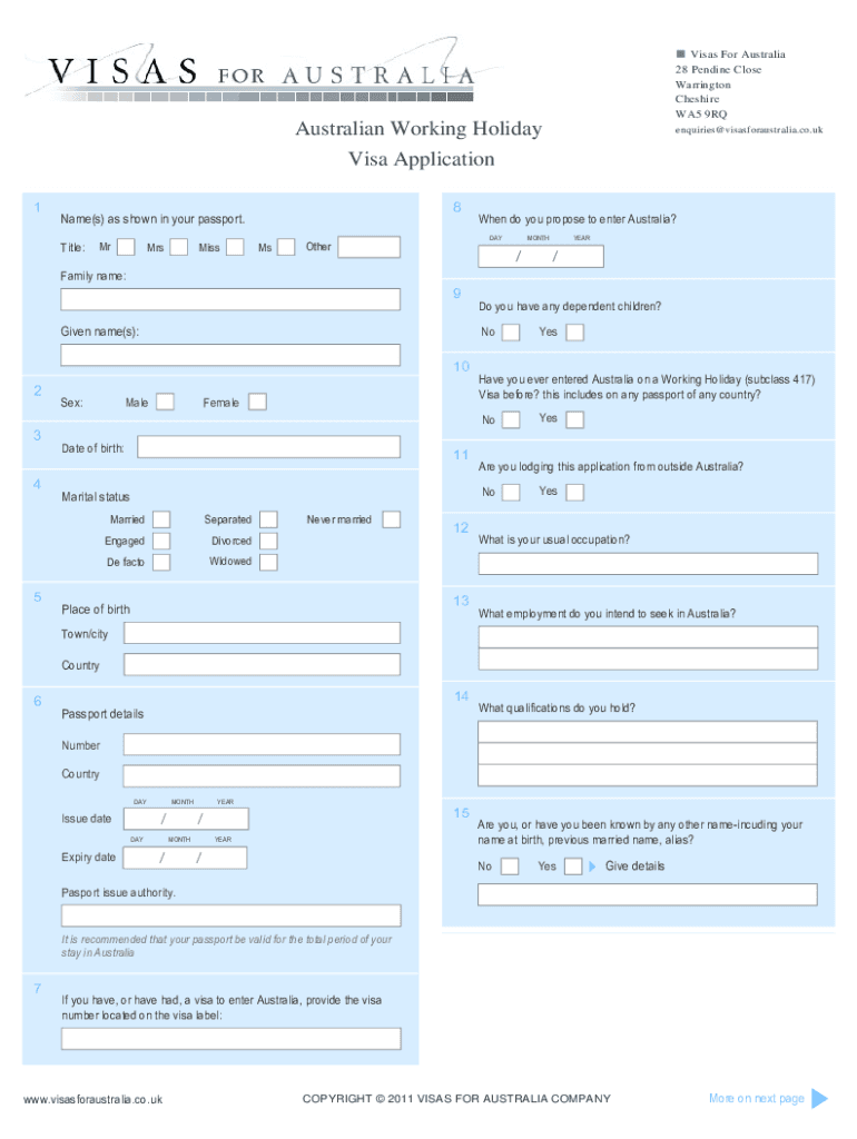 Fillable Online Working Holiday Visa Application Fax Email Print 