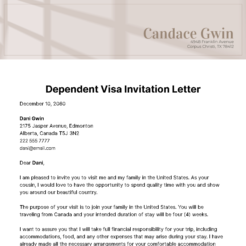 Free Dependent Visa Invitation Letter Edit Online Download 