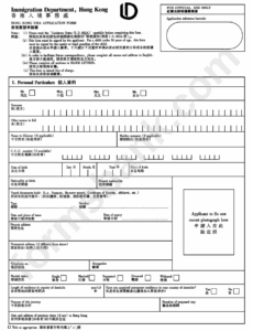 Hong Kong Visa Application Form Immigration Department Printable Pdf