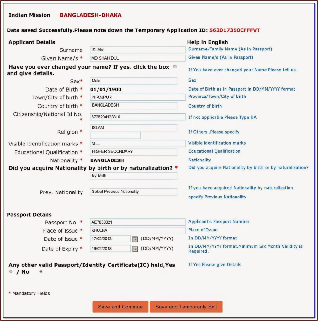 Indian High Commission Dhaka Visa Application Form For Bangladeshi