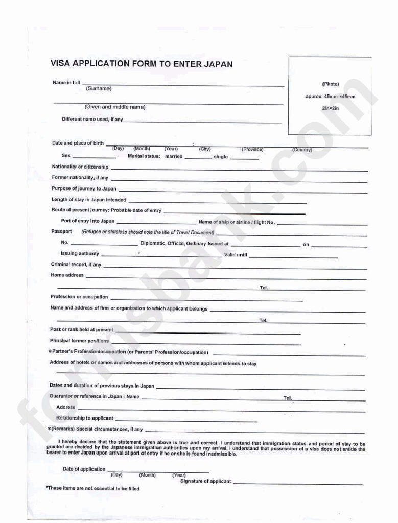 Japan Visa Application Form Printable Pdf Download
