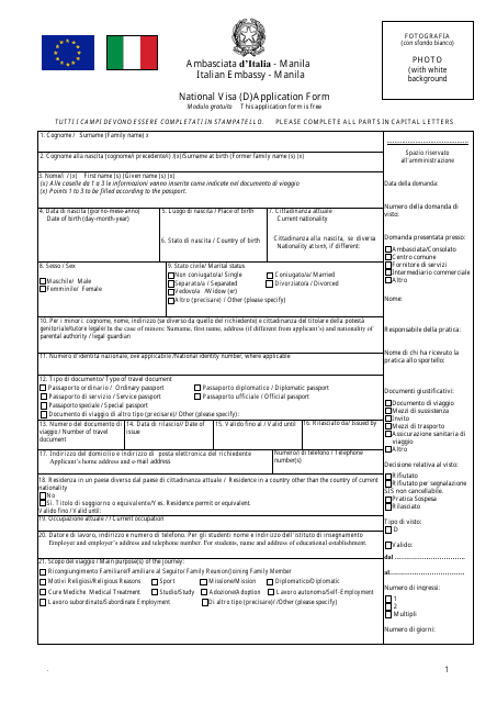 Manila Philippines Italian National Visa D Application Form 