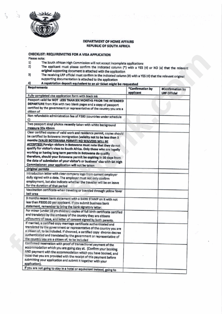 South Africa Visa Application Checklist Template Printable Pdf Download
